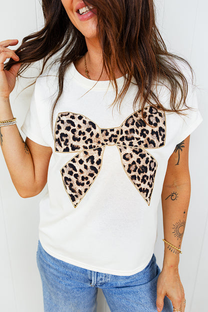 White Leopard Bow Embroidered Cotton Round Neck T Shirt - Cowaa