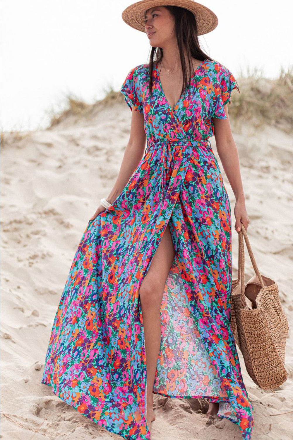 Blue Boho Floral Print V Neck Wrap Split Maxi Dress - Cowaa