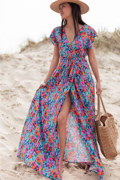 Blue Boho Floral Print V Neck Wrap Split Maxi Dress - Cowaa