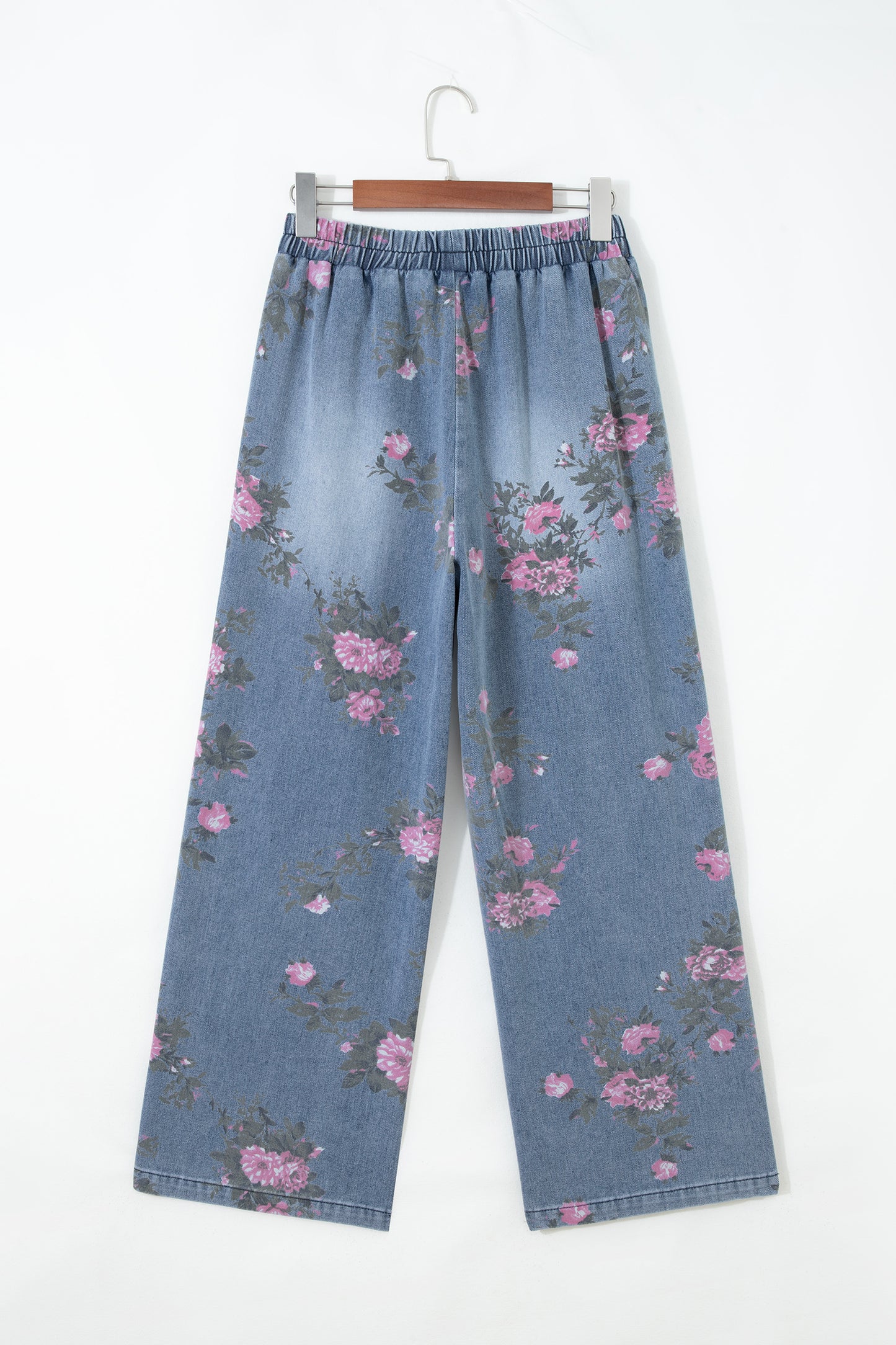 Beau Blue Floral Print Elastic Waist Pull On Casual Jeans - Cowaa