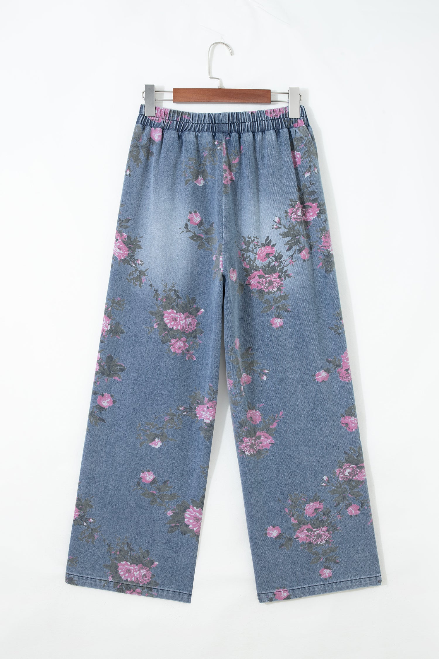 Beau Blue Floral Print Elastic Waist Pull On Casual Jeans - Cowaa