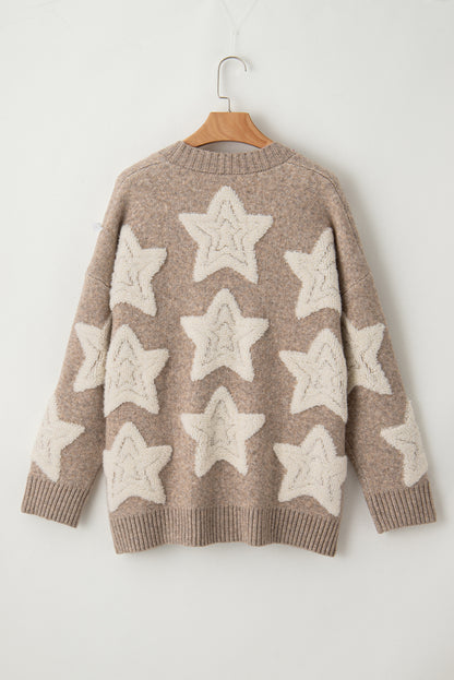 Khaki Star Pattern Pockets Button Front Cardigan - Cowaa