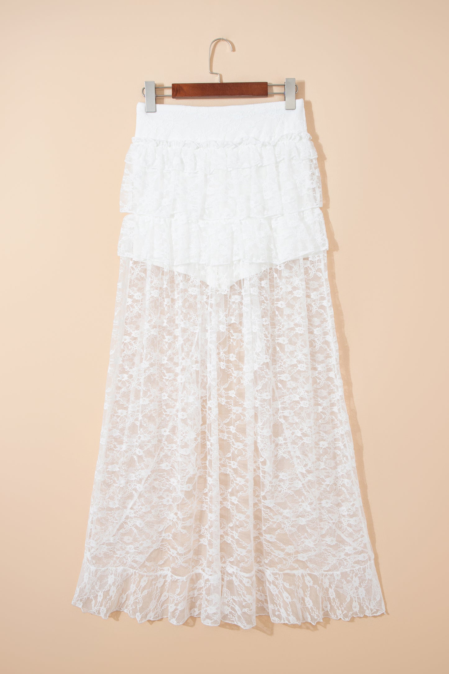 White Sheer Lace Frilly Ruffles High Low Long Skirt - Cowaa