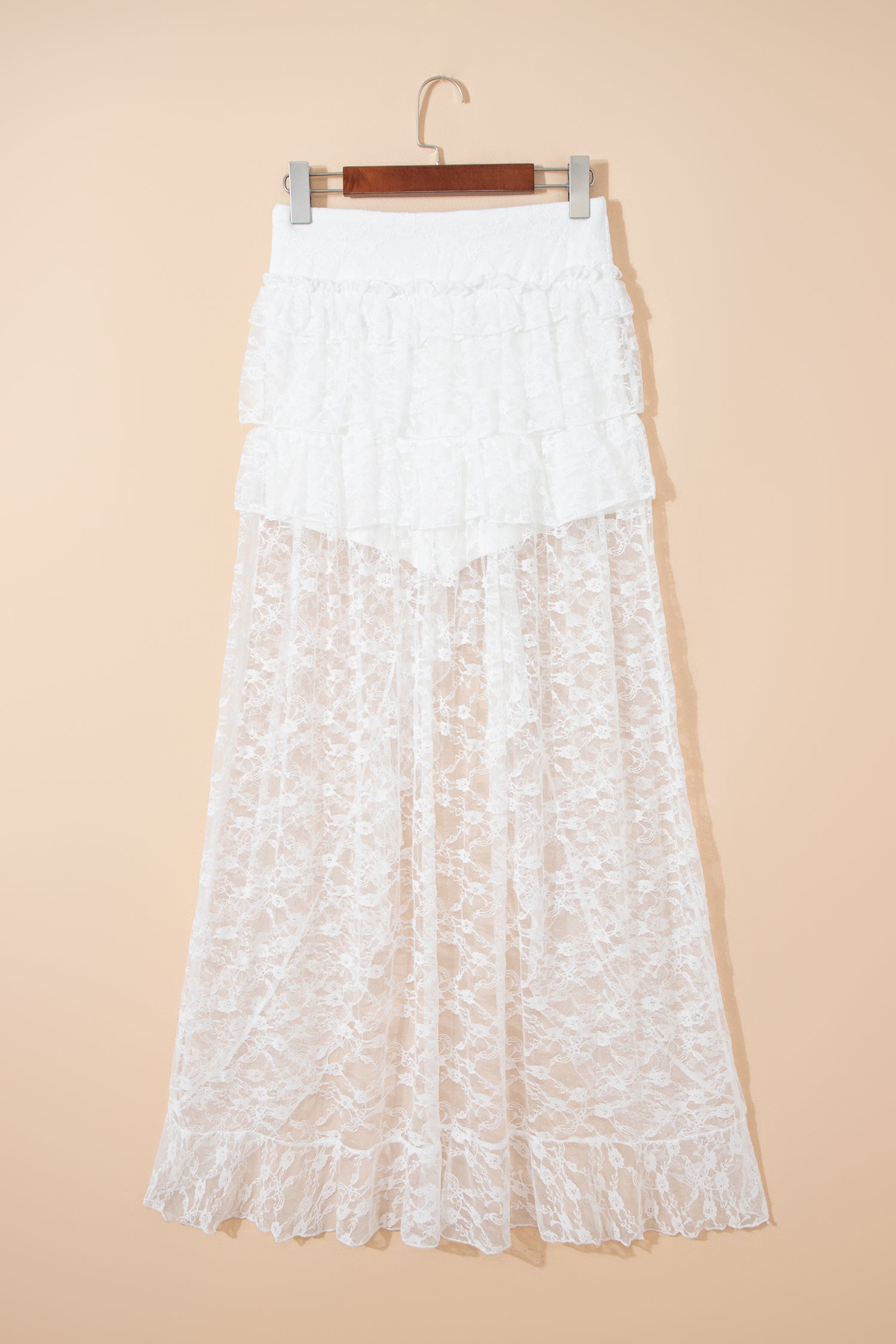 White Sheer Lace Frilly Ruffles High Low Long Skirt - Cowaa