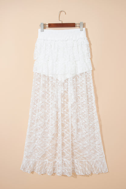 White Sheer Lace Frilly Ruffles High Low Long Skirt - Cowaa