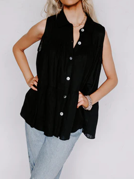 Black Button Up Tiered Sleeveless Top - Cowaa
