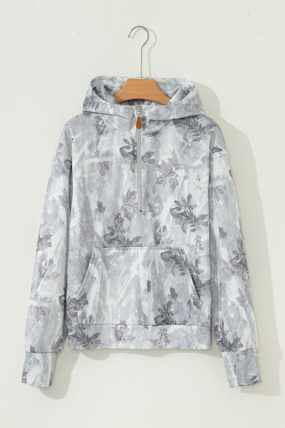 Gray Camo Leaf Print Kangaroo Pocket Quarter Zip Hoodie