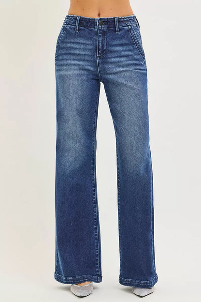 RISEN High Rise Wide Leg Slanted Pocket Jeans.