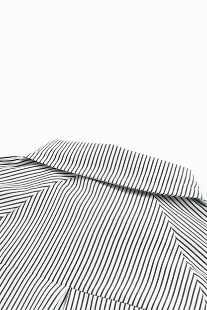 Black Striped Casual Shirred Cuffs Shirt - Cowaa
