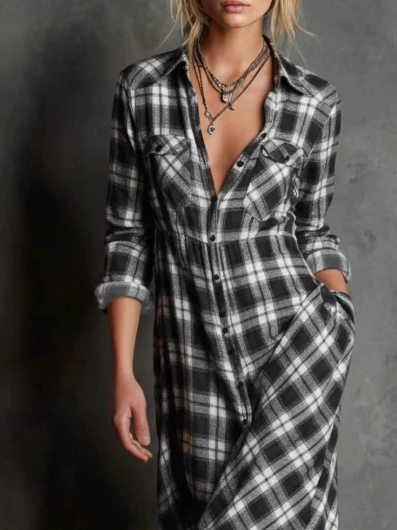 Full Size Plaid Button-Down Maxi Dress Plus Size.