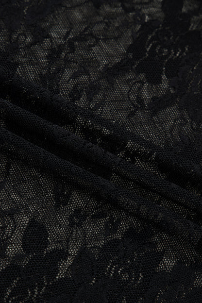 Black Floral Lace Mesh Short Sleeve Sheer Top