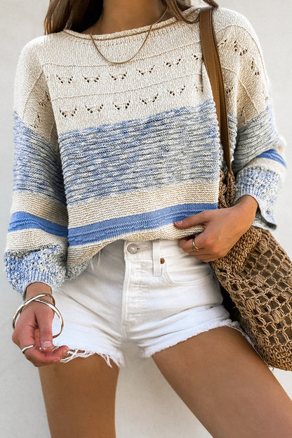 Light Blue Striped Puff Sleeve Sweater - Cowaa