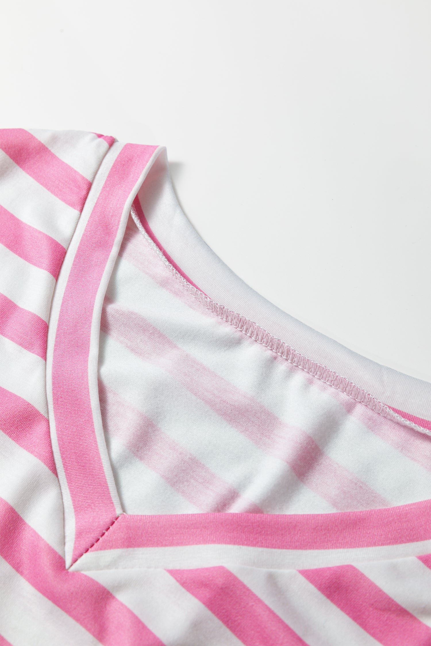 Pink Stripe V Neck Patched Pocket Casual T Shirt - Cowaa