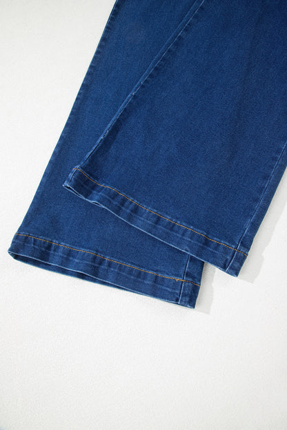 Sail Blue Hardware Decor Patched Pockets Wide Leg Denim Pants