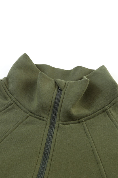Brown Zip Up Stand Collar Thumbhole Sleeve Sweatshirt - Cowaa