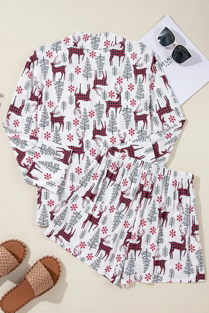 Printed Collared Neck Long Sleeve Top and Shorts Lounge Set - Cowaa