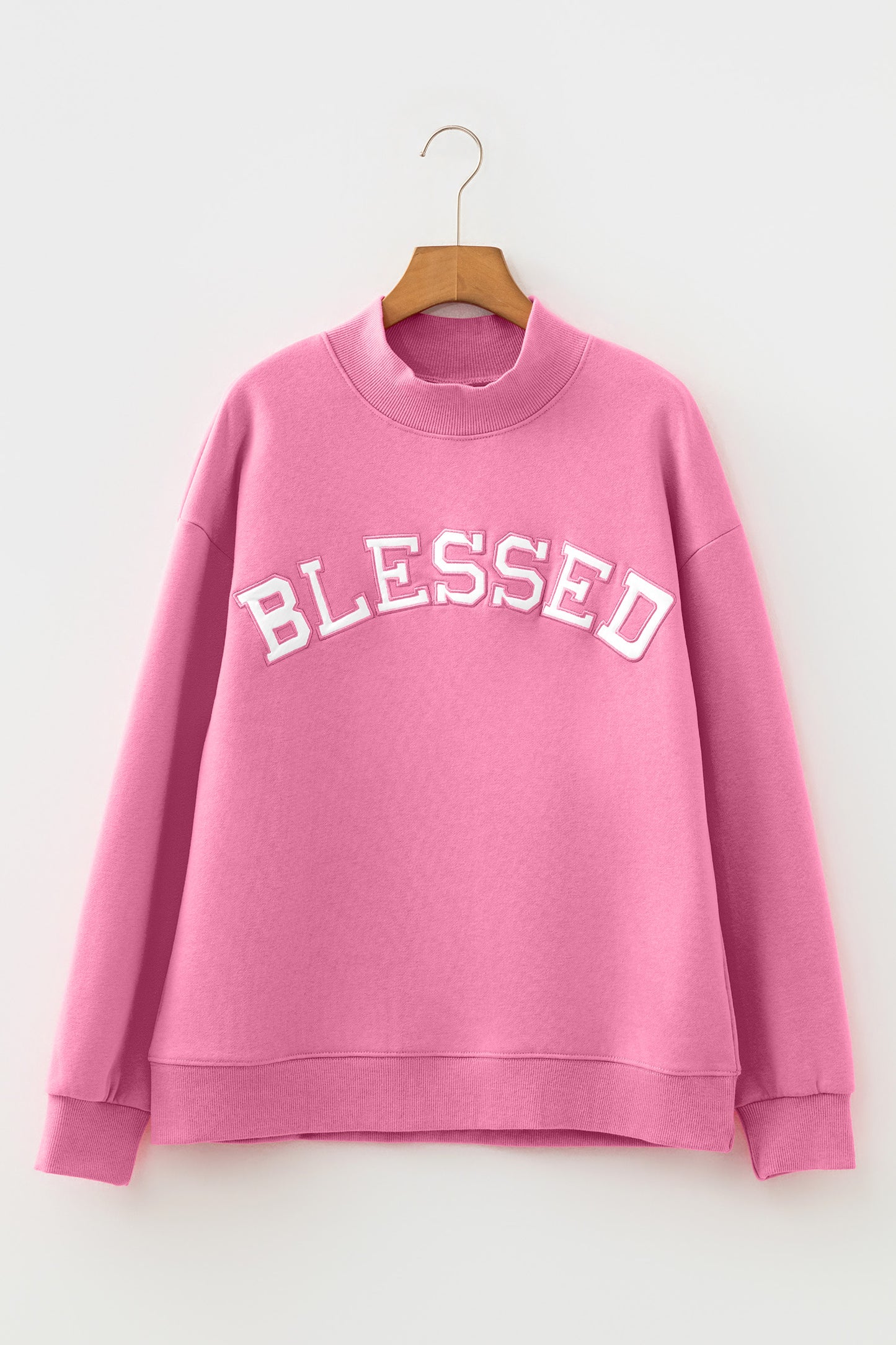 Bright Pink Oversize Blessed Embroidered Mock Neck Sweatshirt - Cowaa