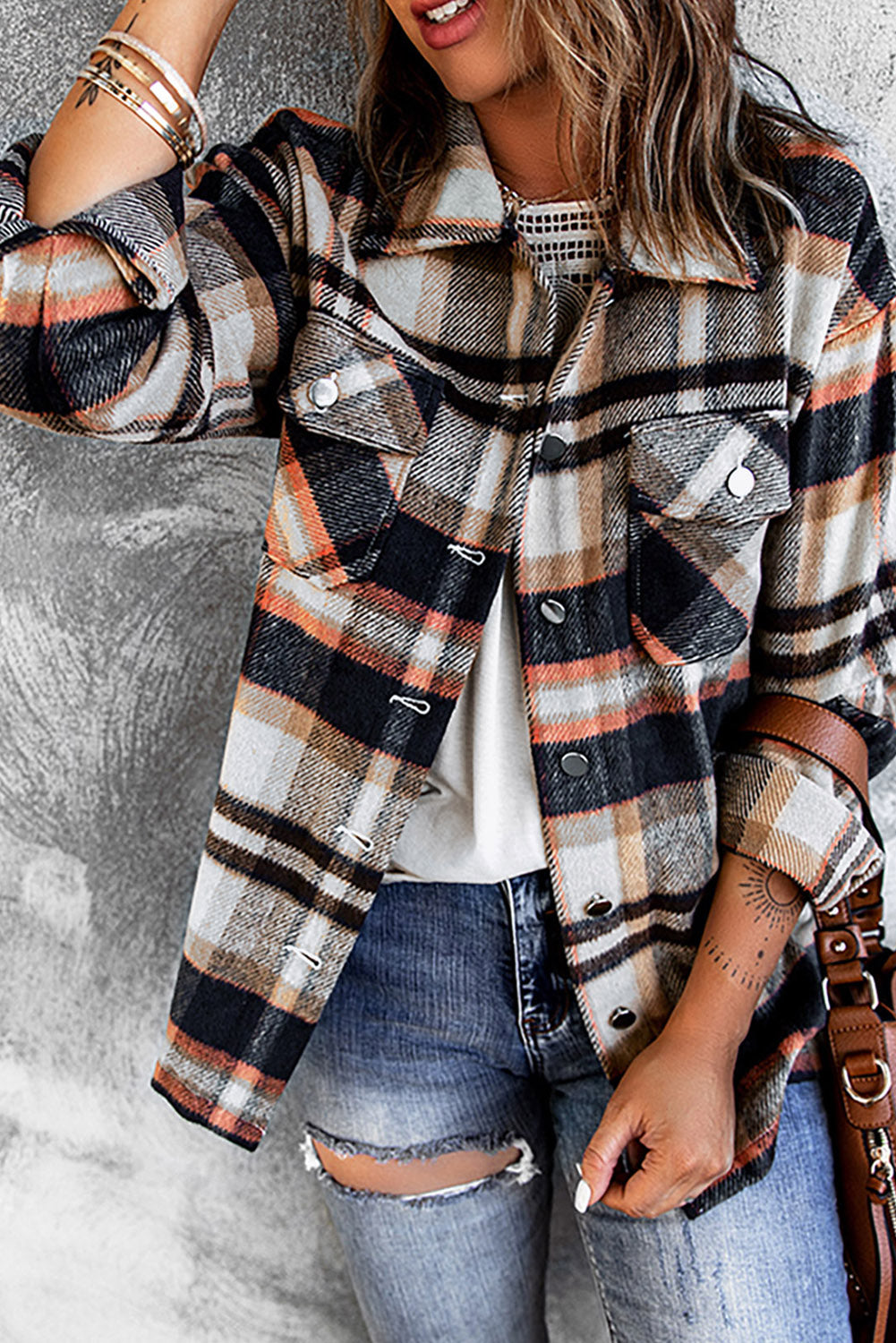 Plaid Button Front Pocket Shirt Shacket - Cowaa