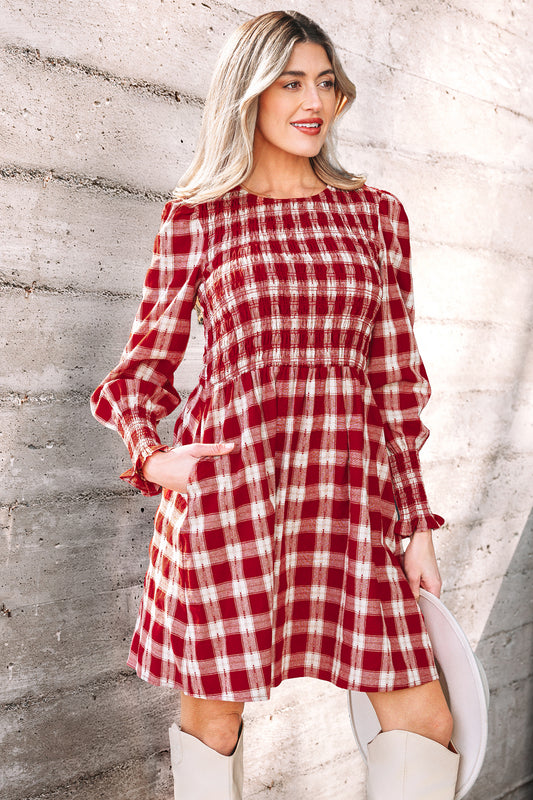 Red Plaid Print Smocked Puff Sleeve Mini Dress - Cowaa