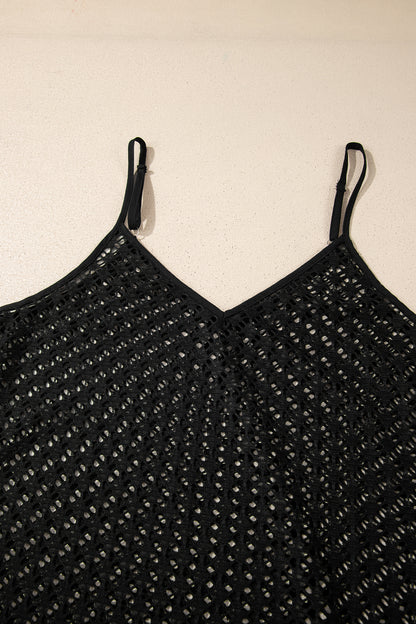 Black See Through Patterned Knit Ruffle Hem Patchwork Beach Cover Up - Cowaa