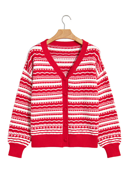 Red Geometric Striped Pattern V Neck Button Front Casual Knit Cardigan