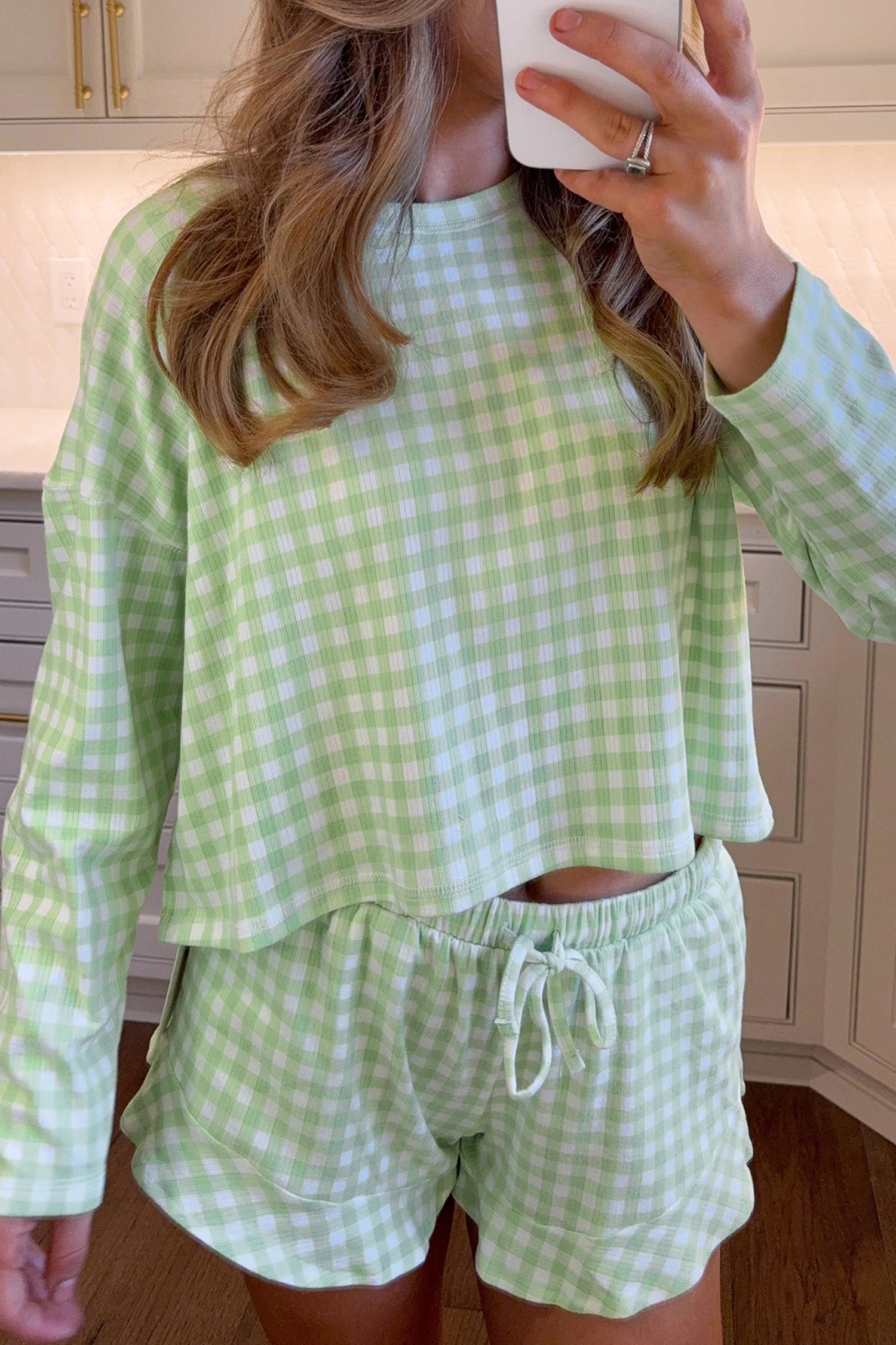 Green Gingham Long Sleeve Loose Top Drawstring Shorts 2pcs Lounge Set - Cowaa
