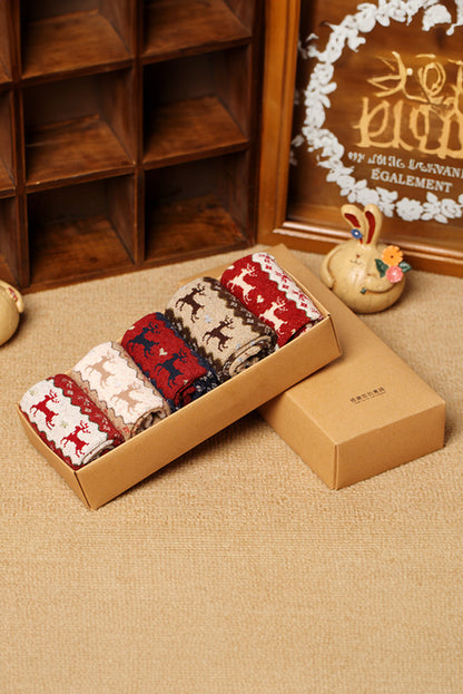 Parchment 5 Pairs Christmas Reindeer Print Socks Set