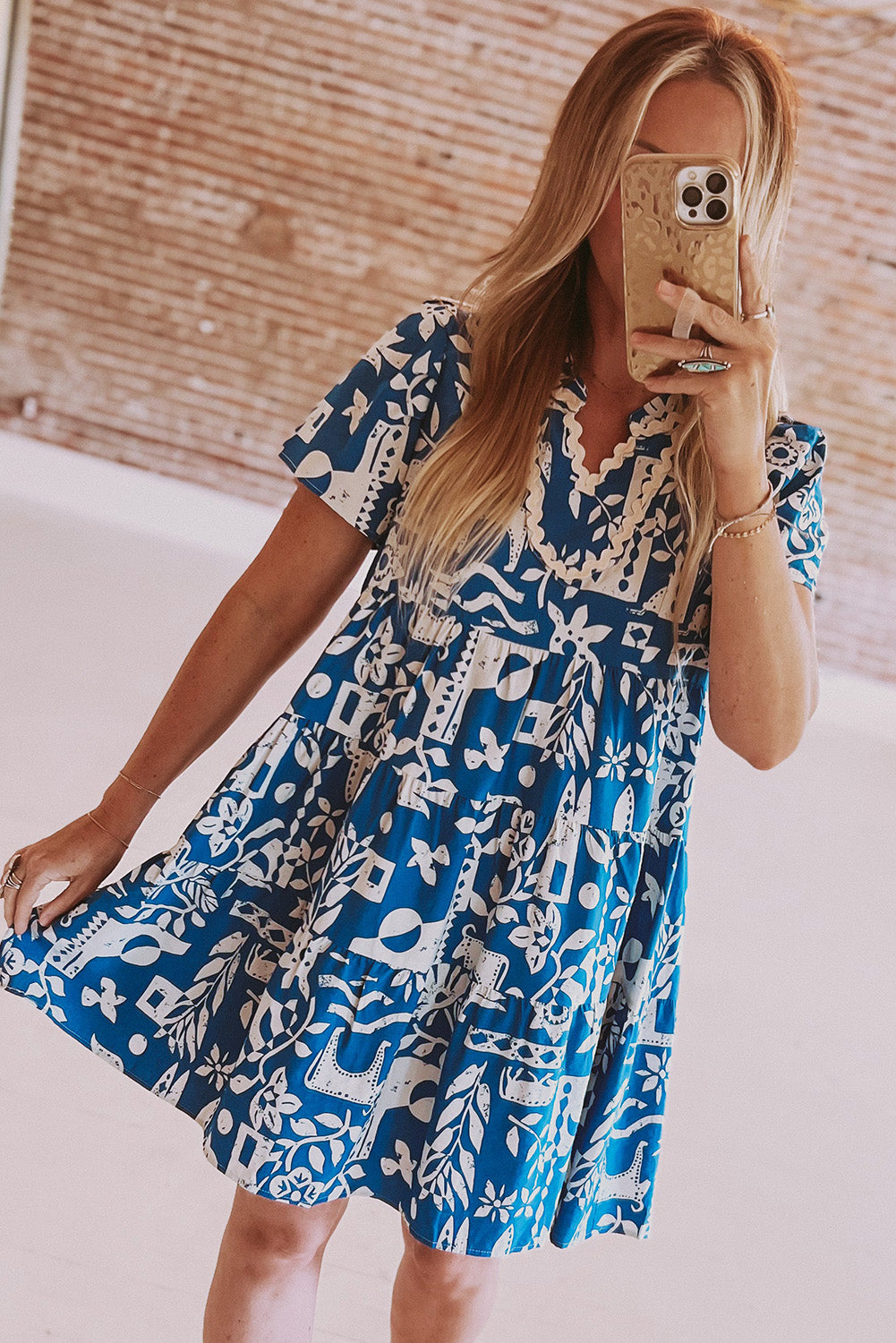 Blue Split V Neck Babydoll Flared Mini Dress - Cowaa