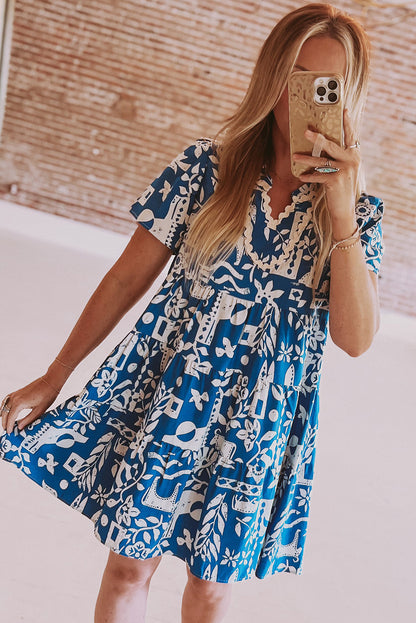 Blue Split V Neck Babydoll Flared Mini Dress - Cowaa