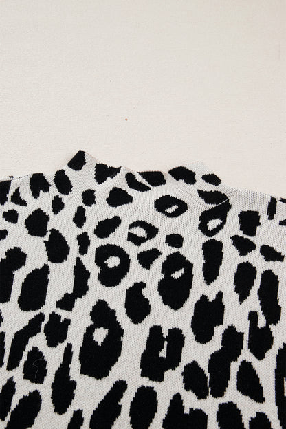 Black Plus Size Leopard Print High Neck Short Sleeve Sweater - Cowaa