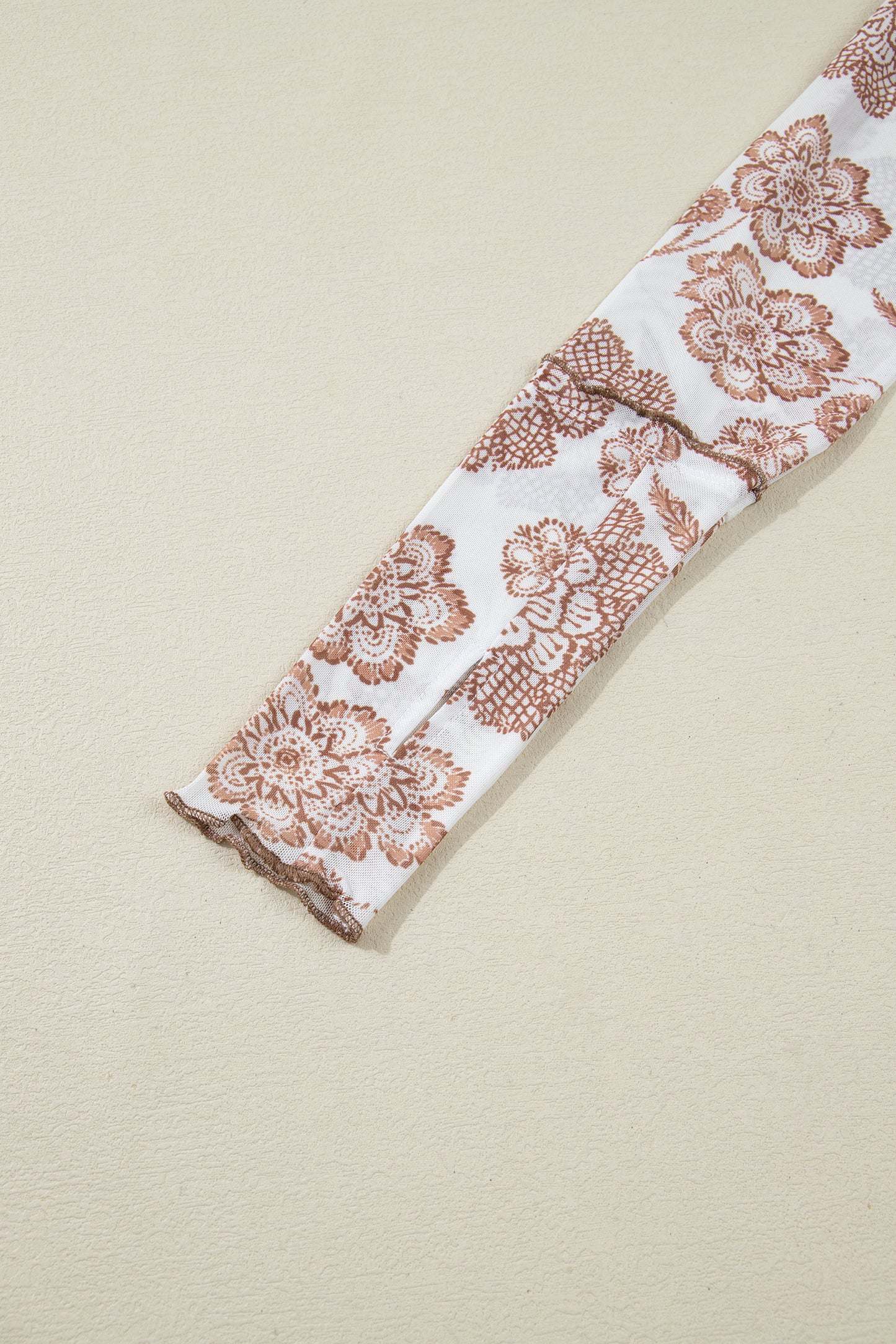 Brown Thumbhole Long Sleeve Floral Print Mesh Top - Cowaa