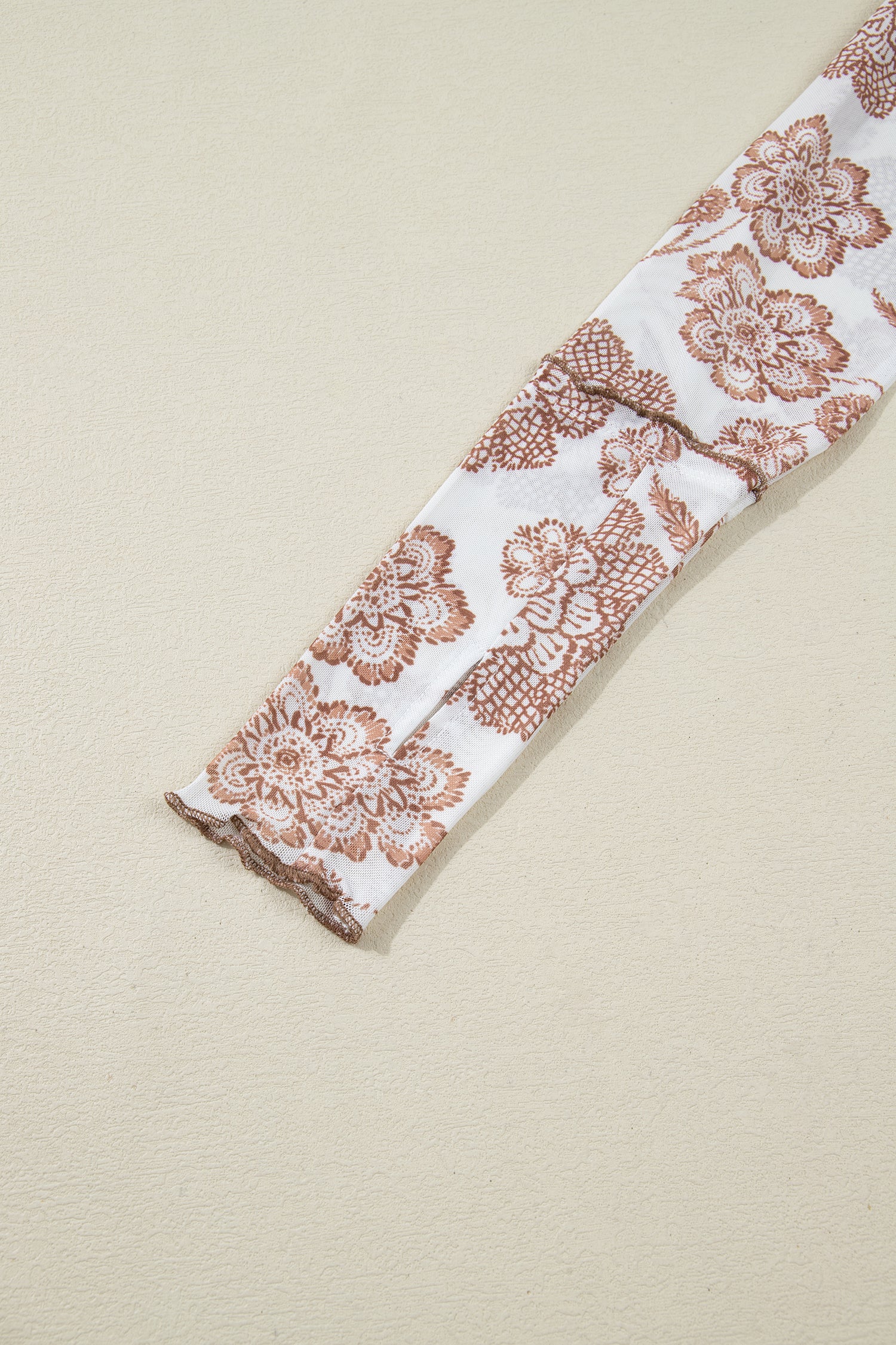 Brown Thumbhole Long Sleeve Floral Print Mesh Top - Cowaa