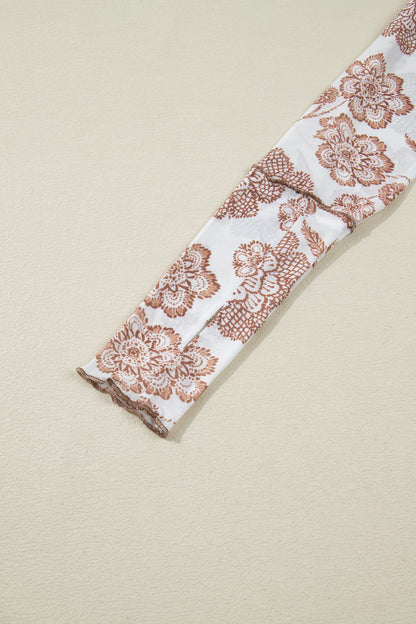 Brown Thumbhole Long Sleeve Floral Print Mesh Top - Cowaa