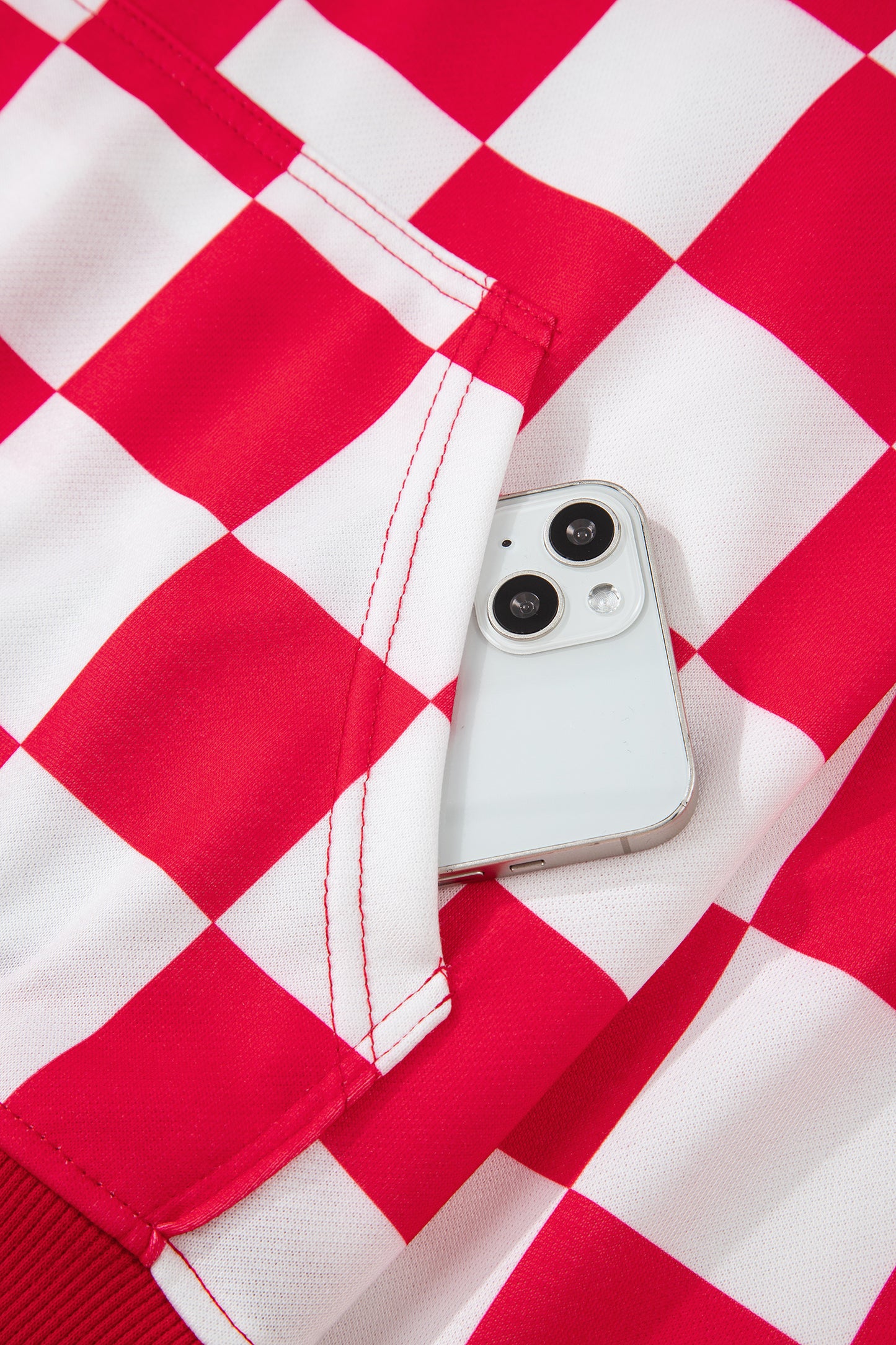 Red Checkered Print Half Zip Hoodie Loose Pant Set