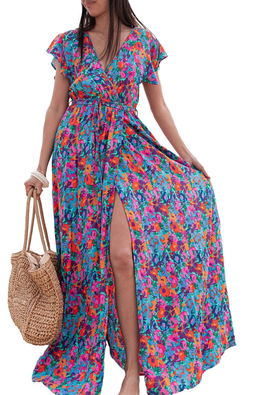 Blue Boho Floral Print V Neck Wrap Split Maxi Dress - Cowaa