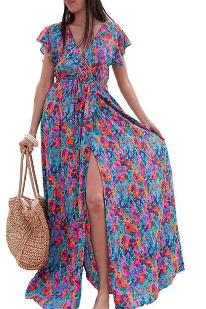 Blue Boho Floral Print V Neck Wrap Split Maxi Dress - Cowaa