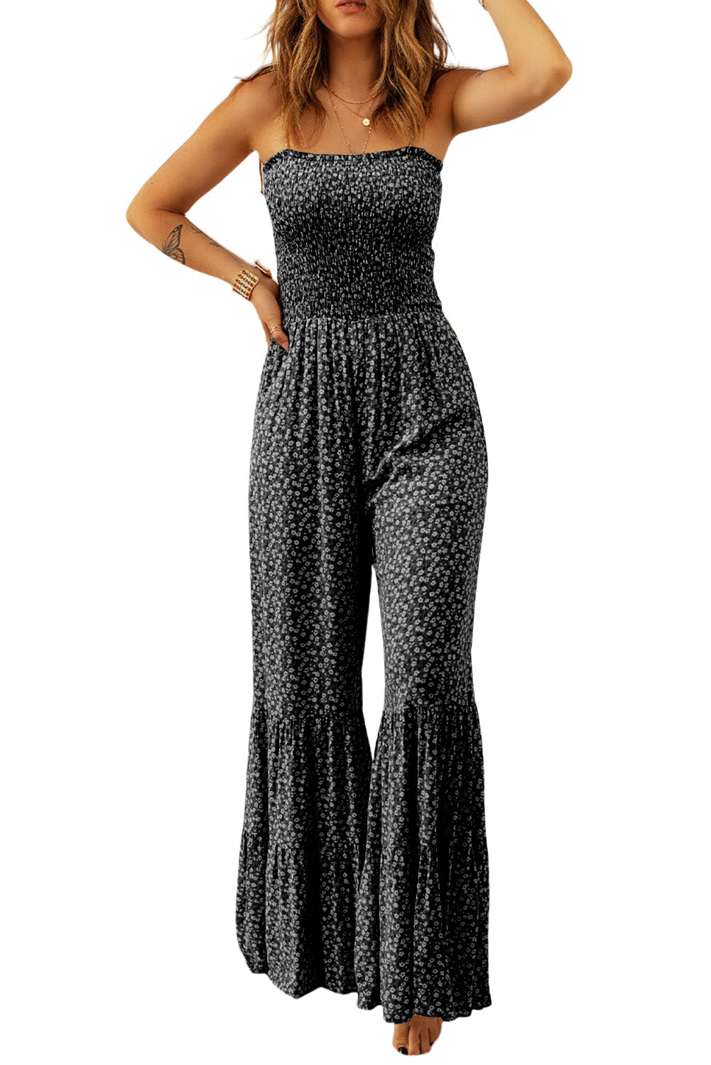 Black Floral Thin Straps Smocked Bodice Wide Leg Jumpsuit - Cowaa