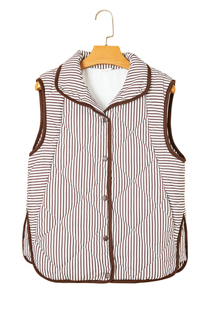 Brown Stripe Snap Button Scalloped Hem Collared Winter Vest