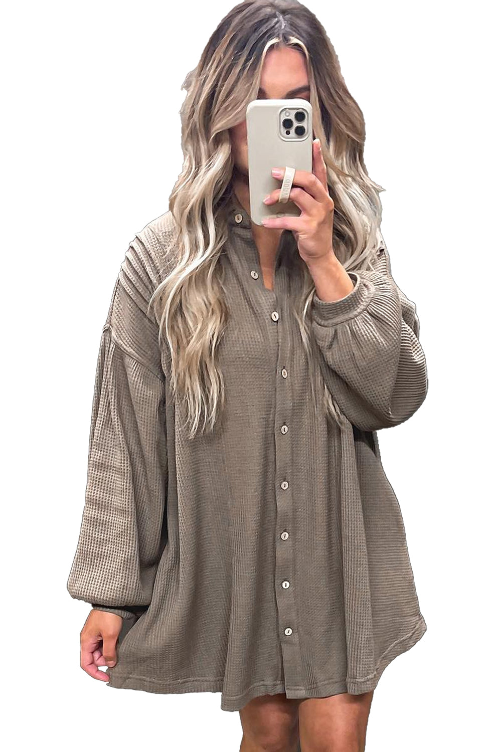 Simply Taupe Waffle Knit Shirt Tunic Mini Dress - Cowaa