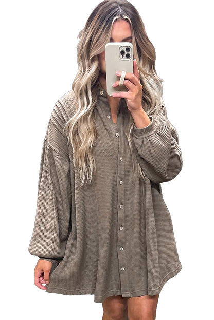Simply Taupe Waffle Knit Shirt Tunic Mini Dress - Cowaa