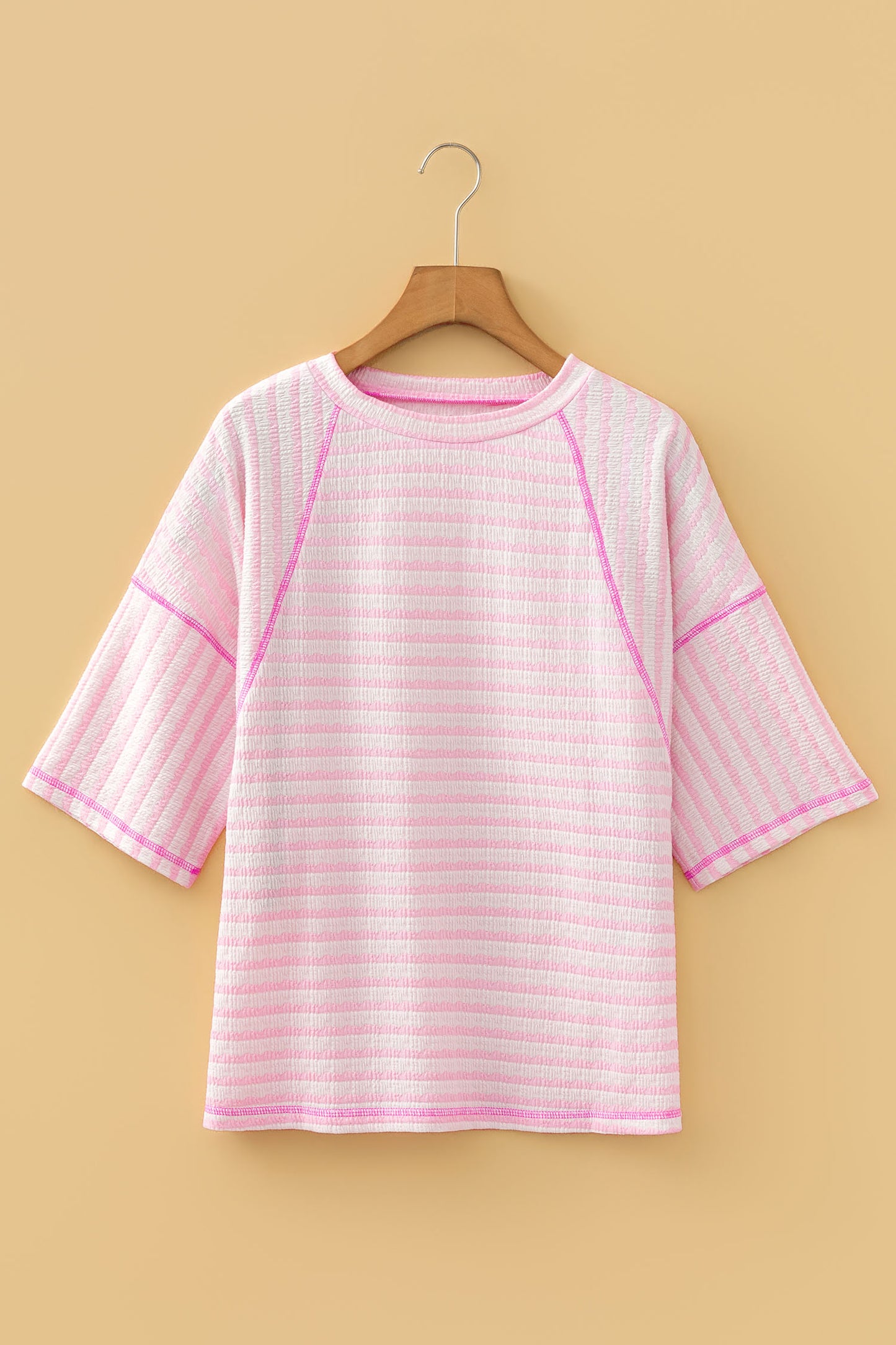 Pink Stripe Textured Knit Split Hem Half Sleeve Loose Top - Cowaa