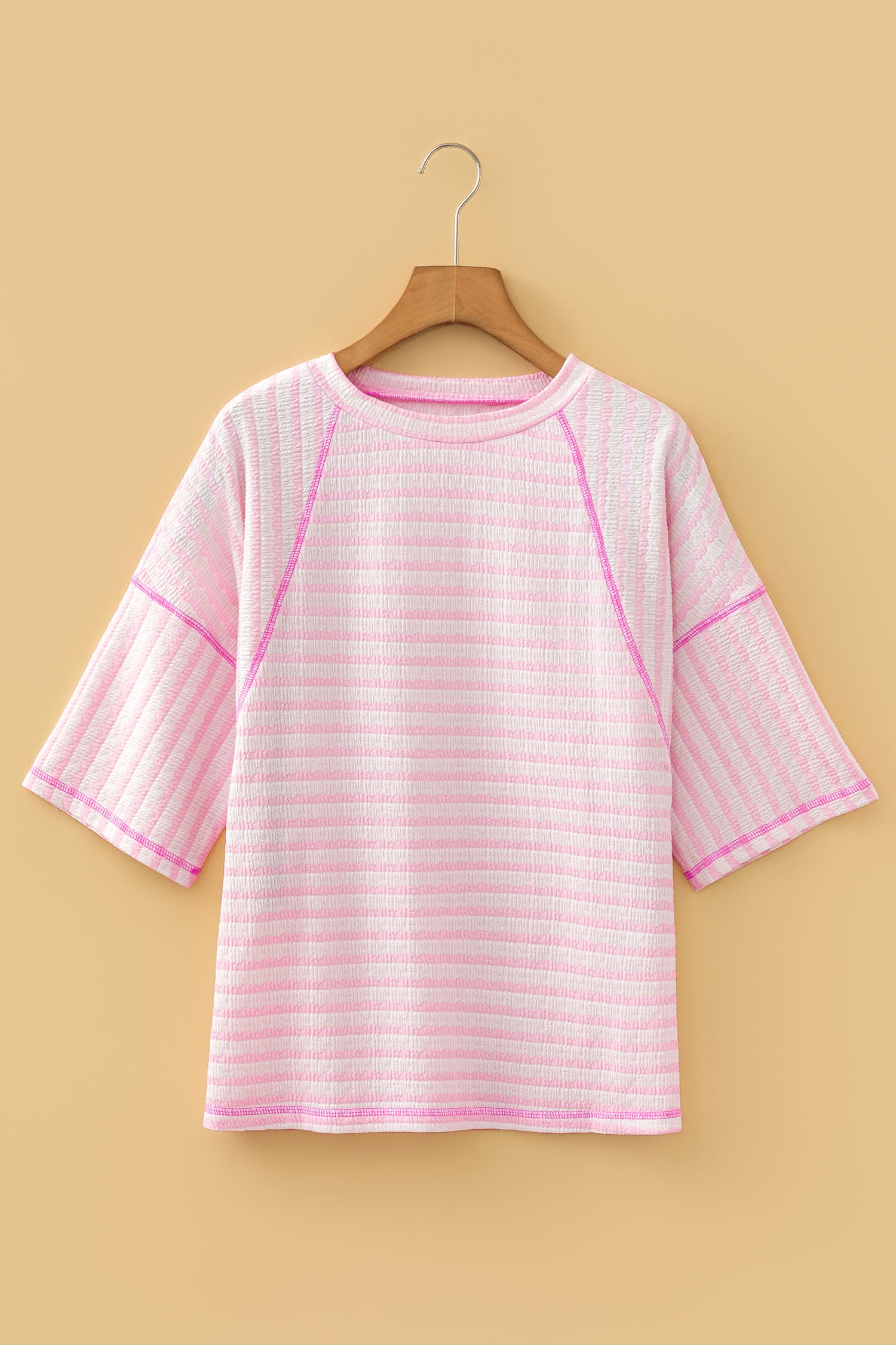 Pink Stripe Textured Knit Split Hem Half Sleeve Loose Top - Cowaa