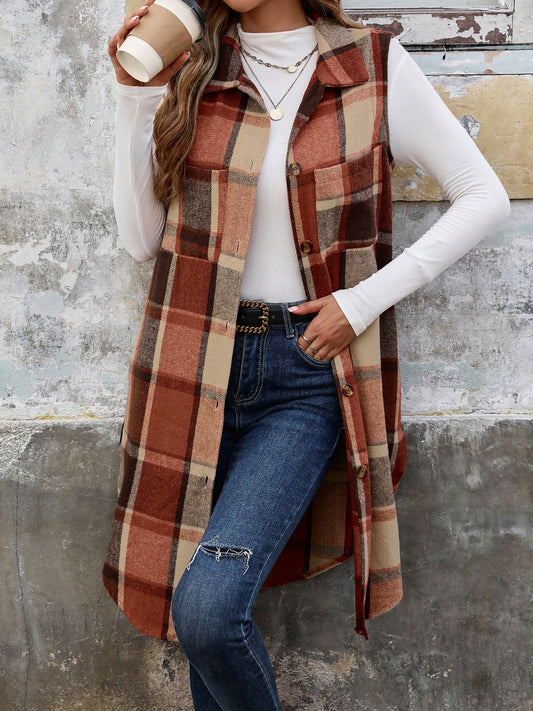 Pocketed Button Up Plaid Vest - Cowaa