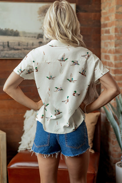 White Mallard Printed Button Flap Pocket Short Sleeve Shirt
