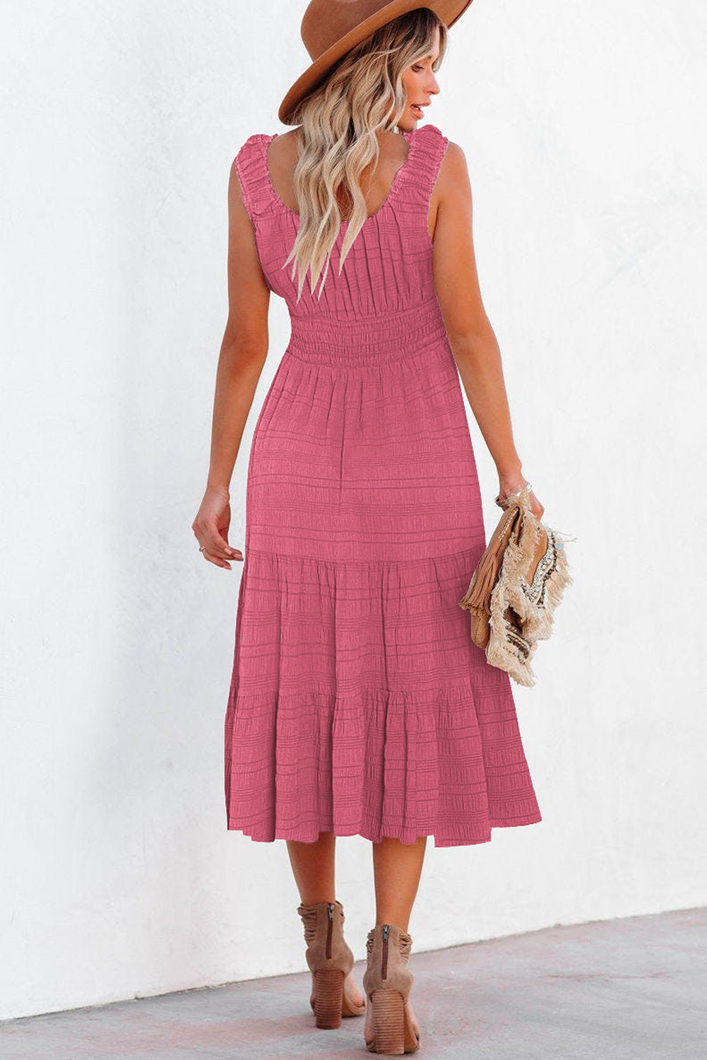 Rose Shirred Pleated Square Neck Sleeveless Midi Dress - Cowaa