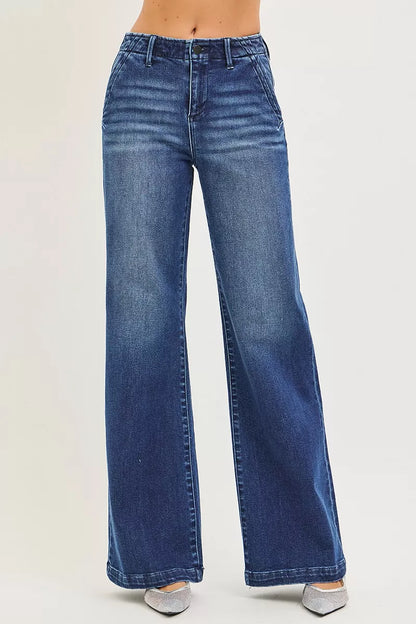 RISEN High Rise Wide Leg Slanted Pocket Jeans.