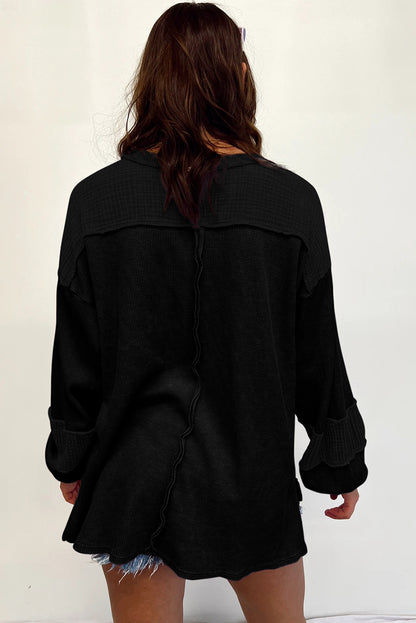 Crinkle Patchwork Long Sleeve Top - Cowaa