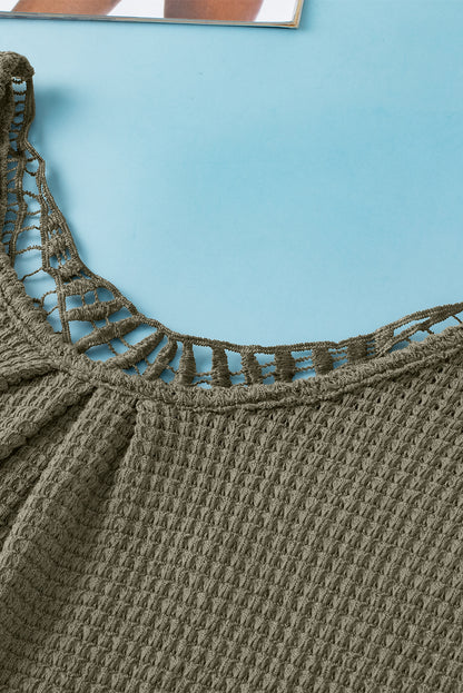 Oatmeal Guipure Lace Splicing Back Waffle Textured T-shirt - Cowaa