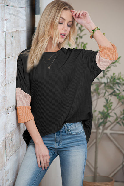 White Pit-striped Colorblock Drop Sleeve Top - Cowaa