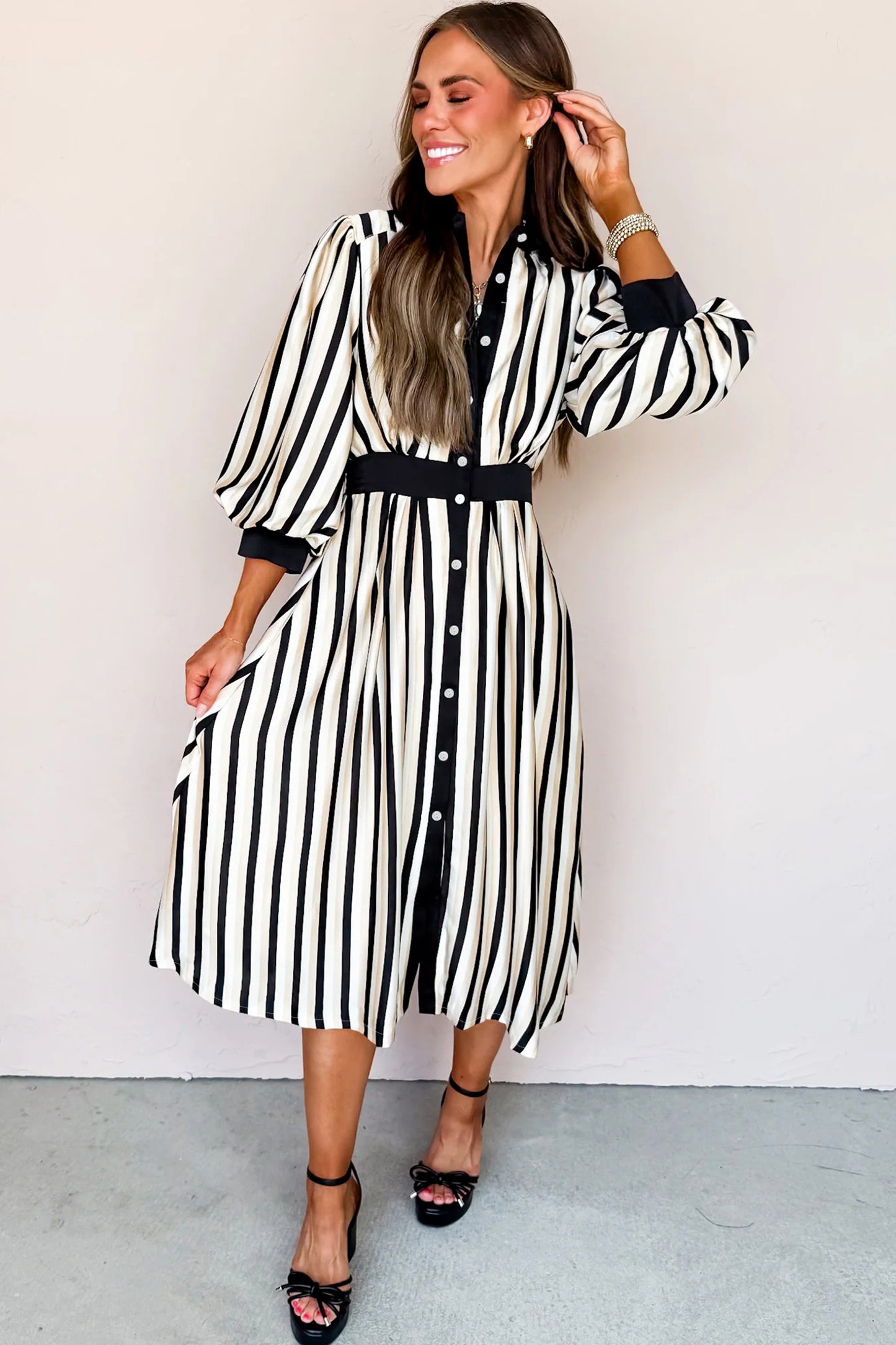 Black Stripe 3/4 Puff Sleeve Shirt Style Button Down Midi Dress - Cowaa